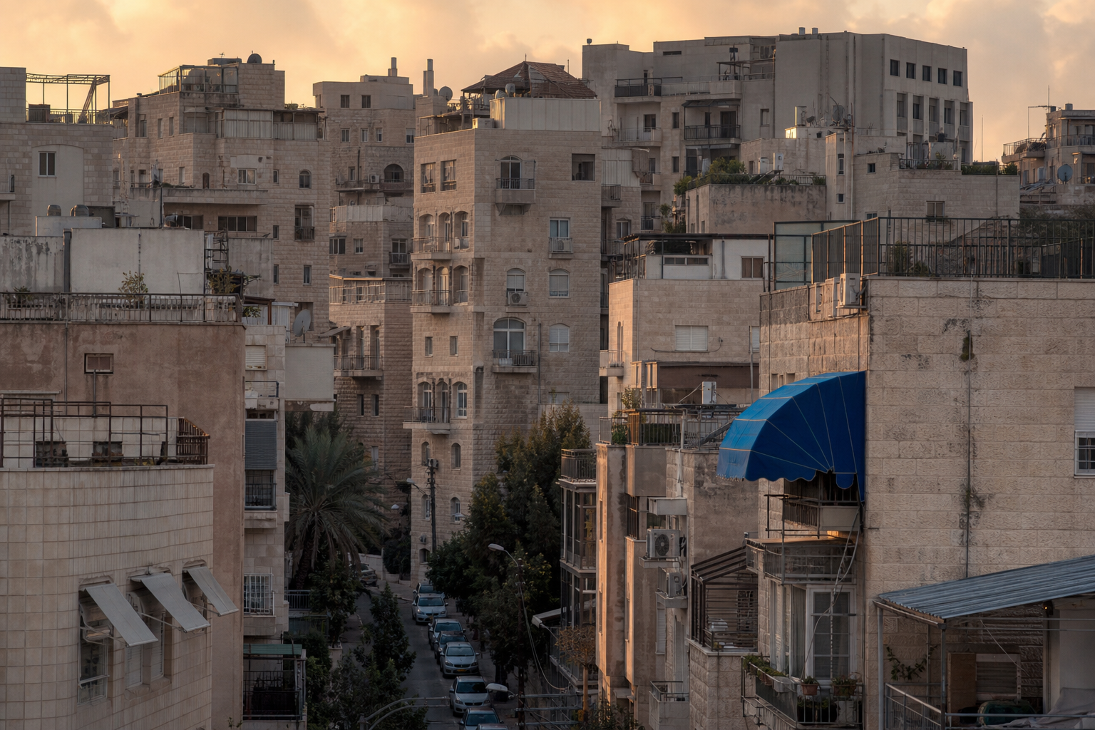 בנייני מגורים צפופים באור שקיעה — משכנתא לבני ברק